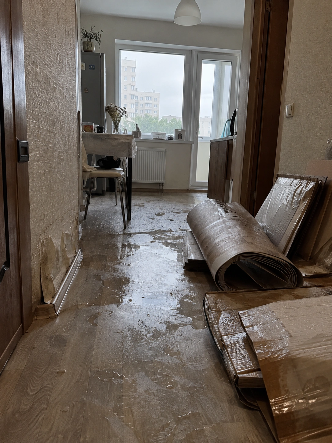 Собранная вода и влажный пол в квартире после затопления